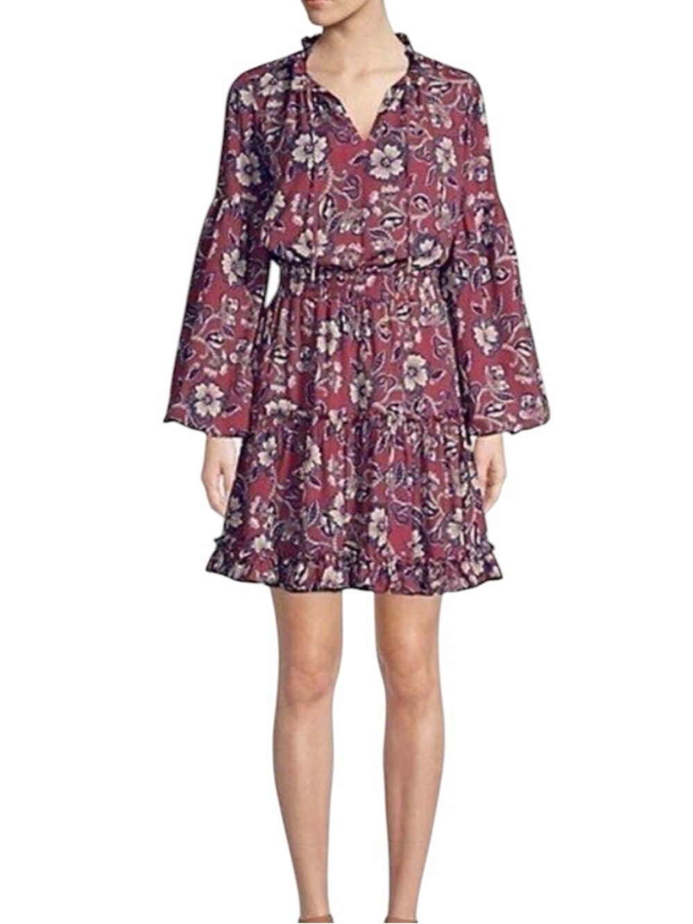 Shoshanna Moravia Burgundy Red Floral Print Tie  Back Bell Sleeve Mini Dress - 4